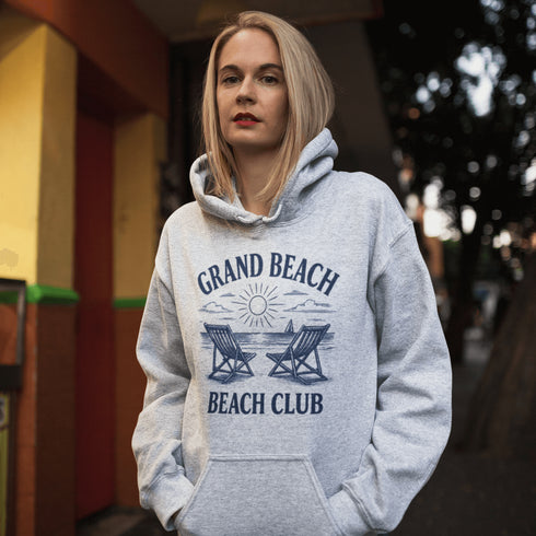 Soak up the vintage vibes with our Grand Beach Beach Club hoodie — a cozy classic made for lakeside lounging and sunset chasing.